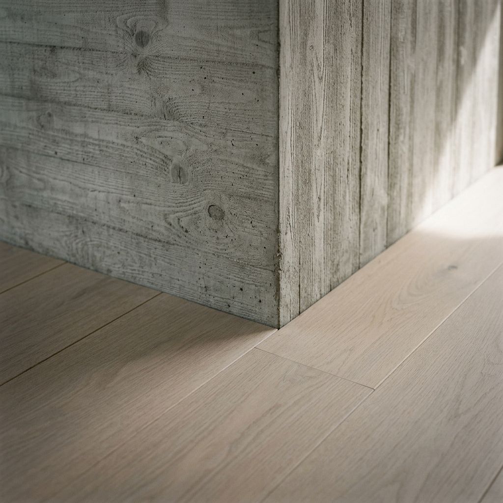 Board-marked concrete meeting an oak floor