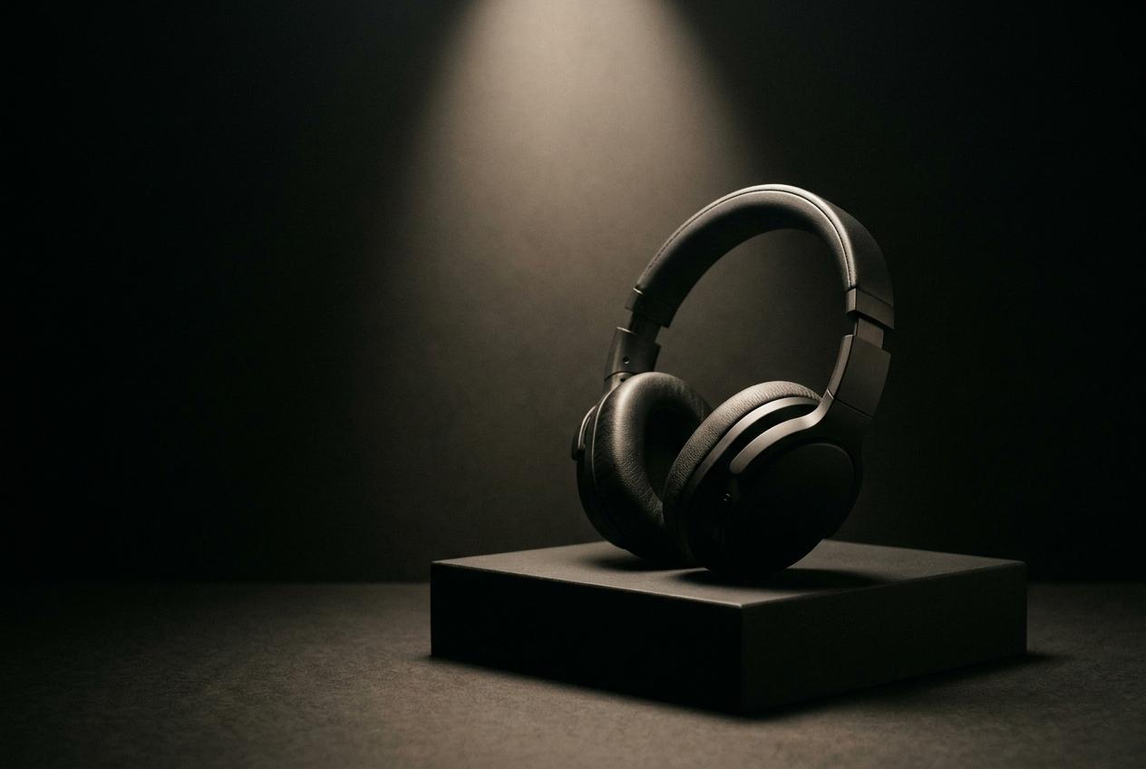 Headphones on a plinth under a spotlight