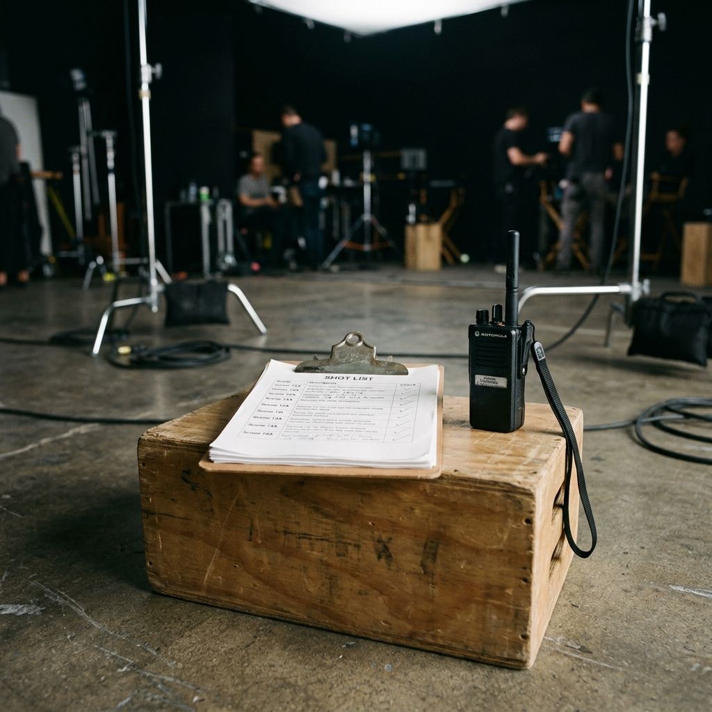 Shot list and walkie talkie on an apple box