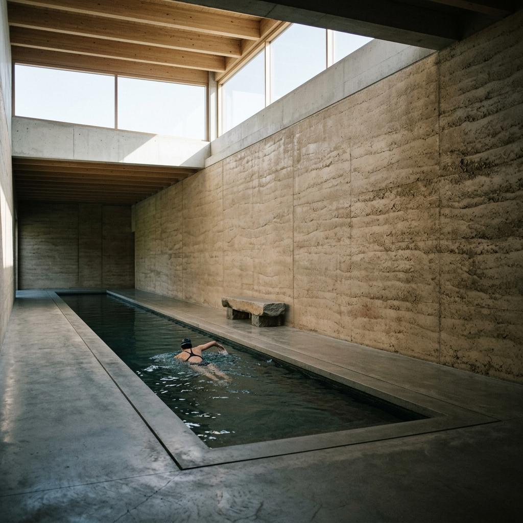 Pool hall with rammed earth walls