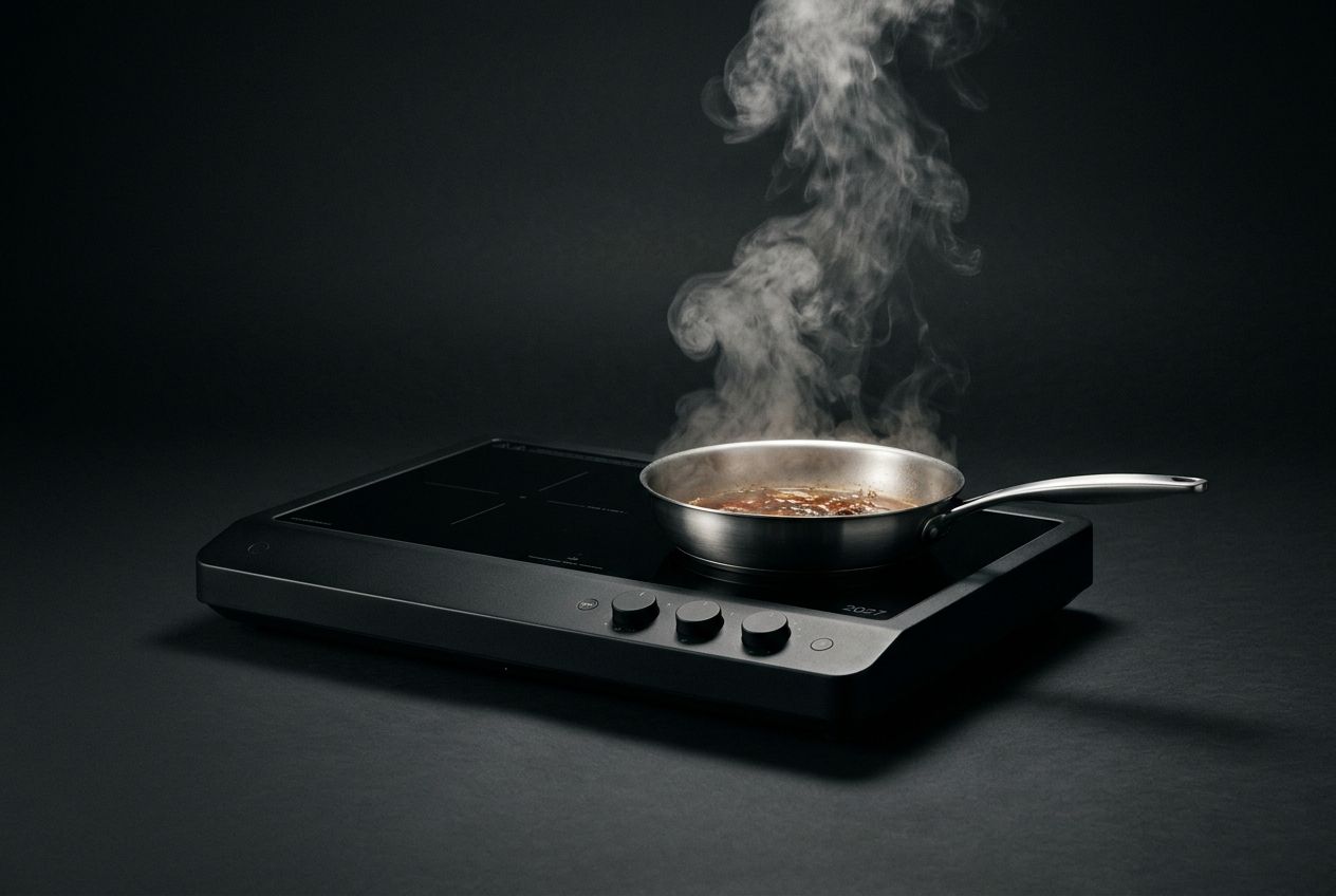 Induction range on a dark studio set