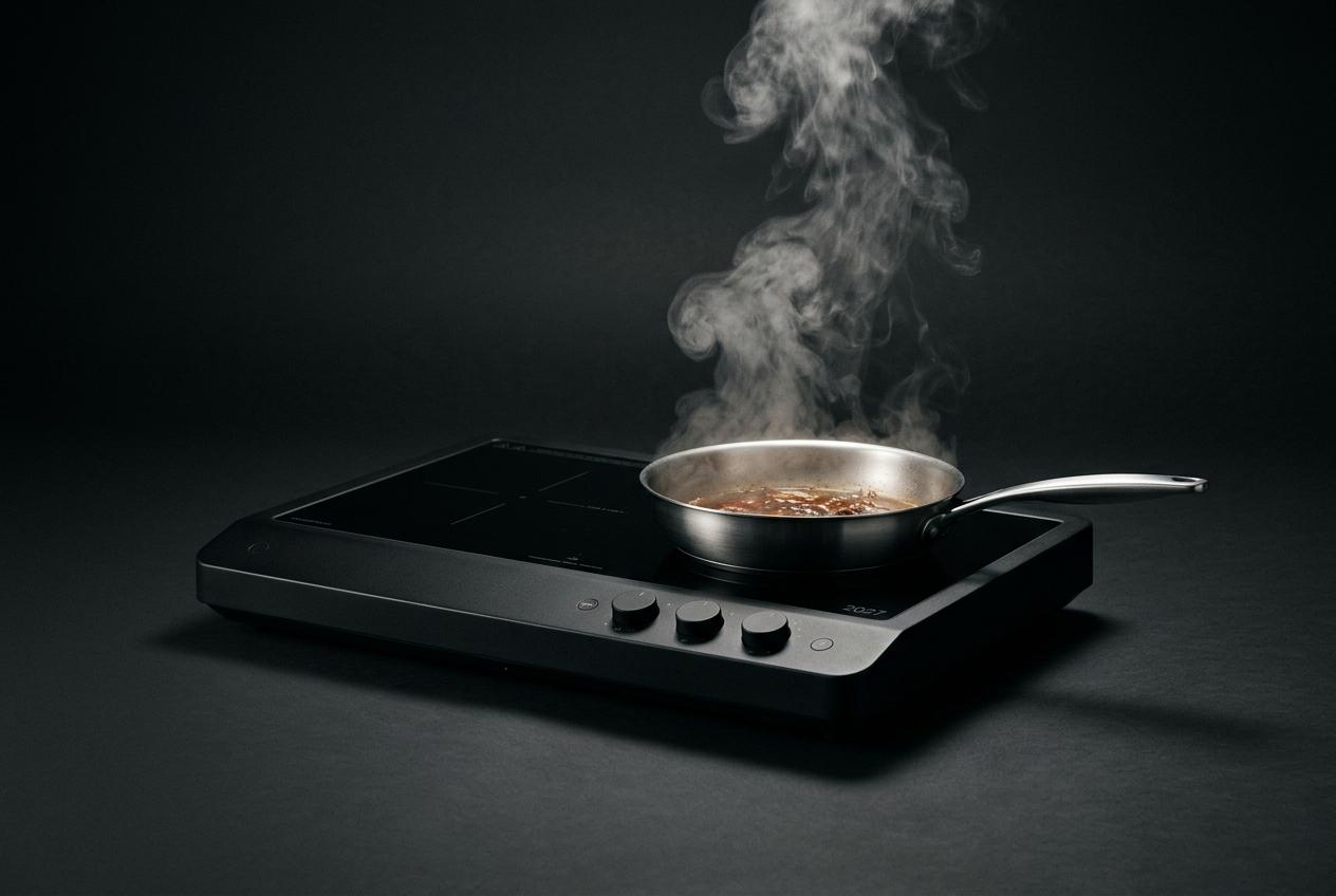 Induction range on a dark studio set