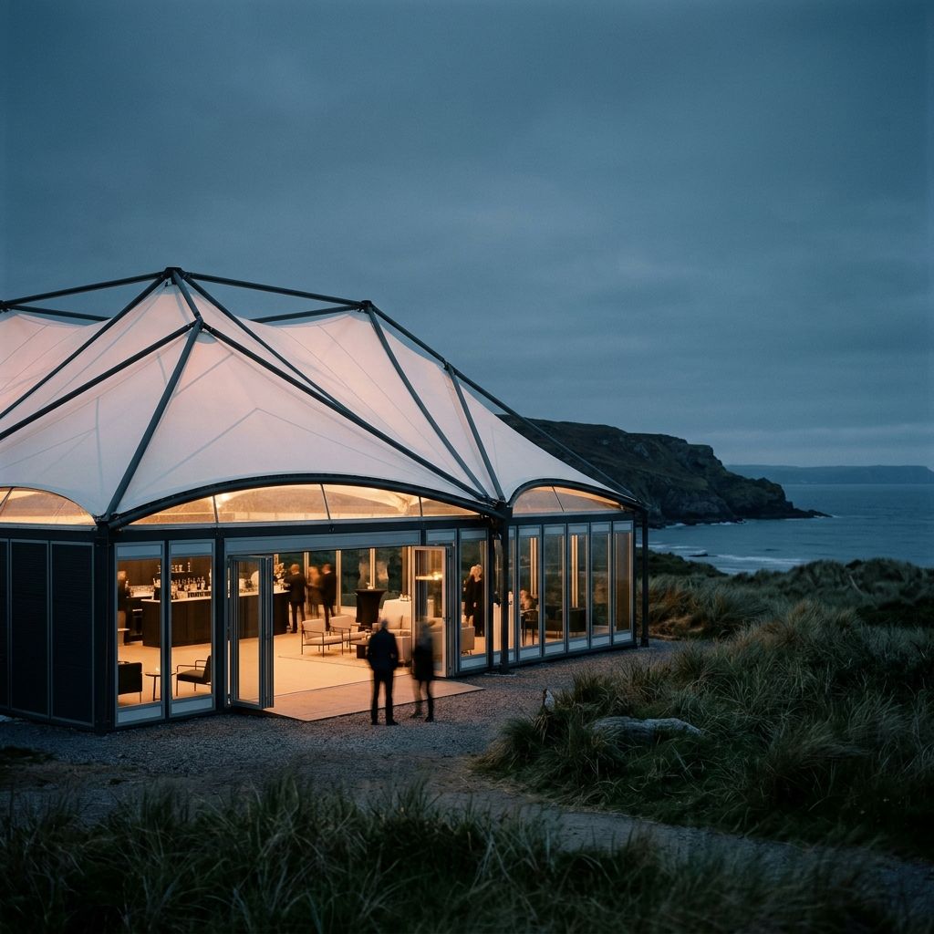 Temporary canopy hall at dusk