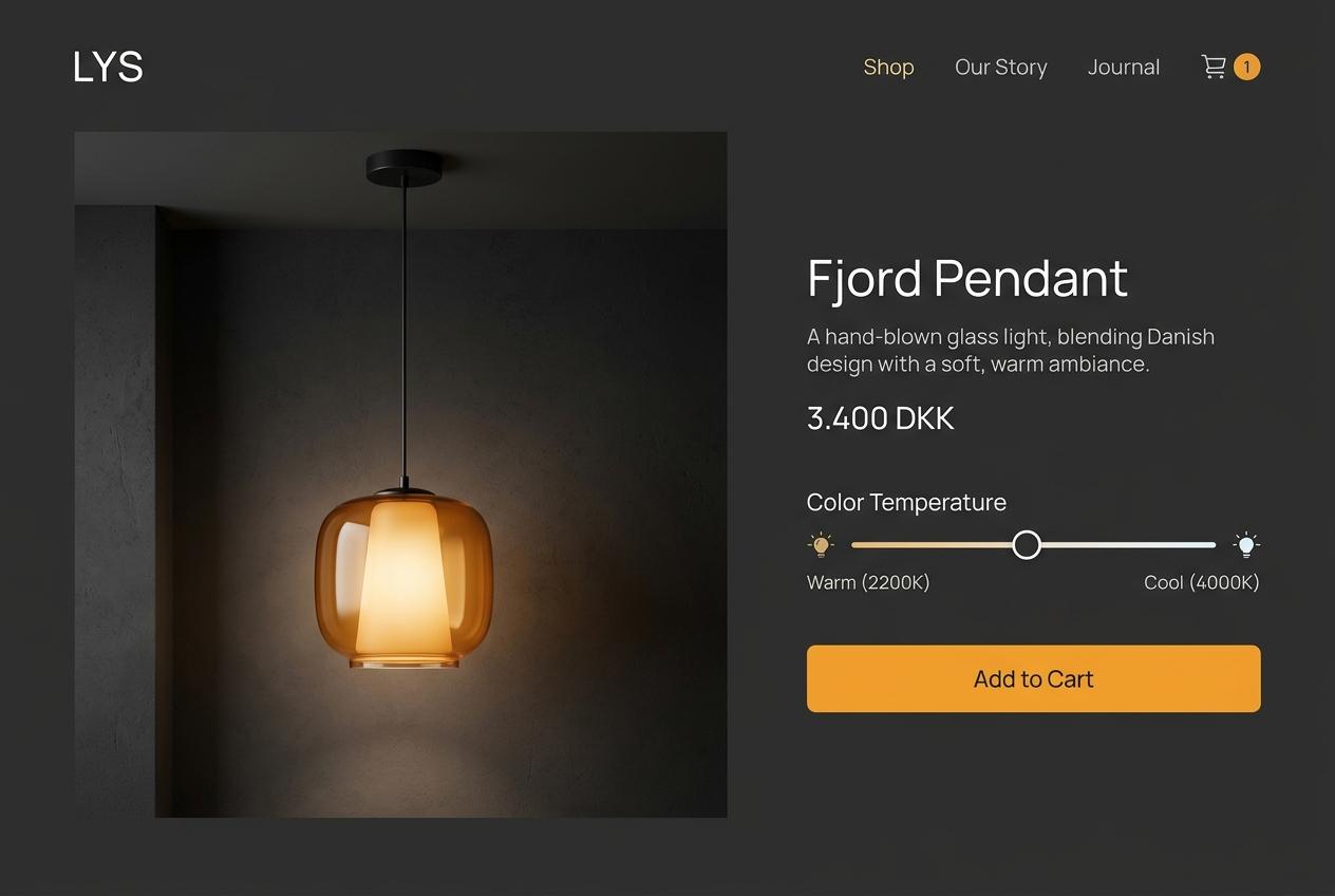 Product page design with a glowing pendant lamp