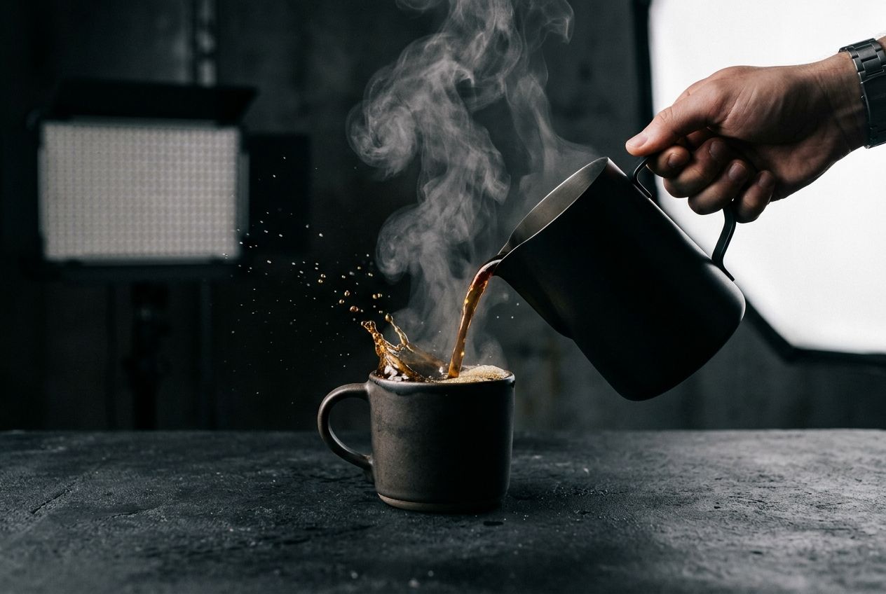 Lit coffee pour on a studio set