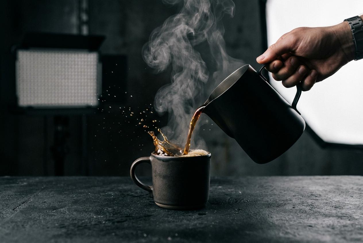 Lit coffee pour on a studio set