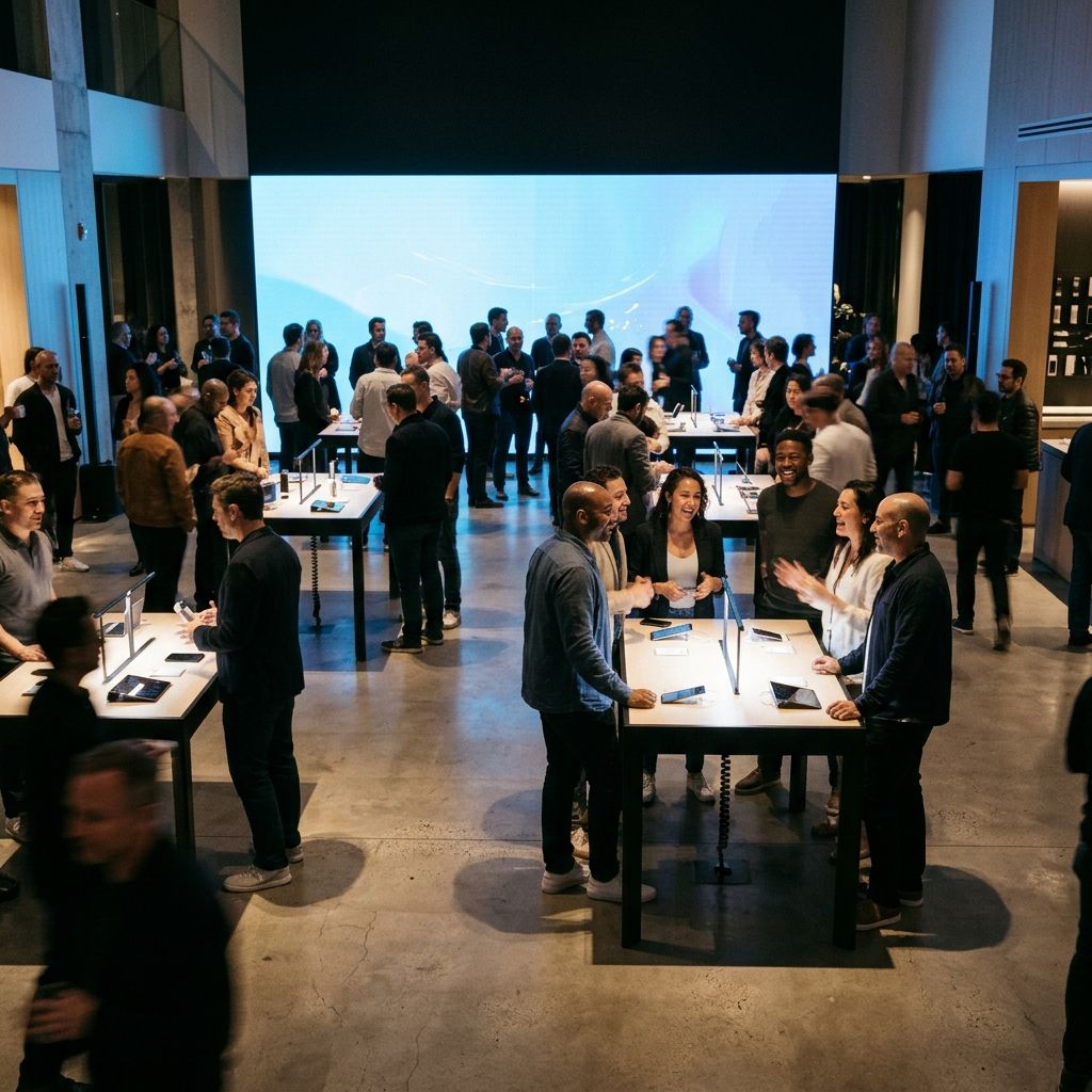 Launch floor with a blue LED wall and guests