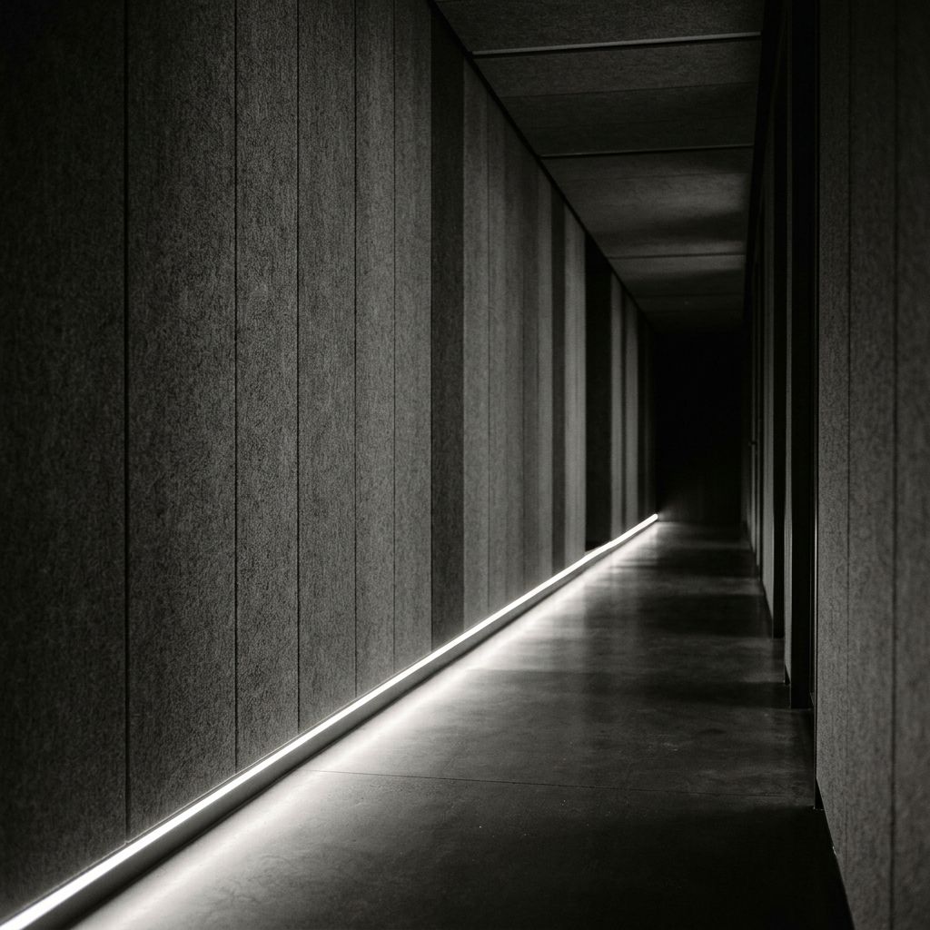 Felt-lined corridor with a line of floor light
