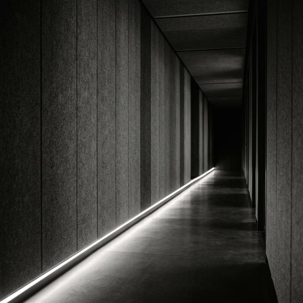 Felt-lined corridor with a line of floor light