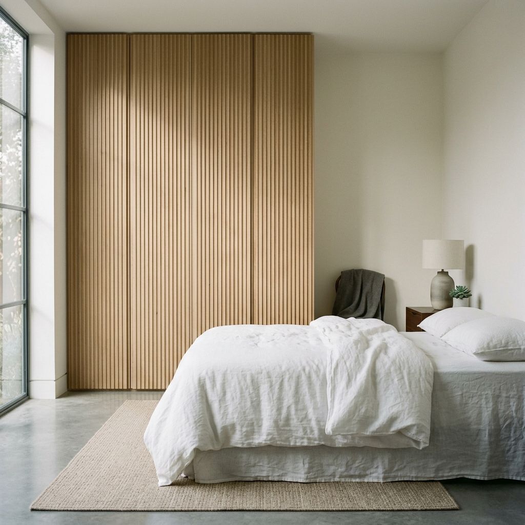 Bedroom with fluted oak wardrobe wall