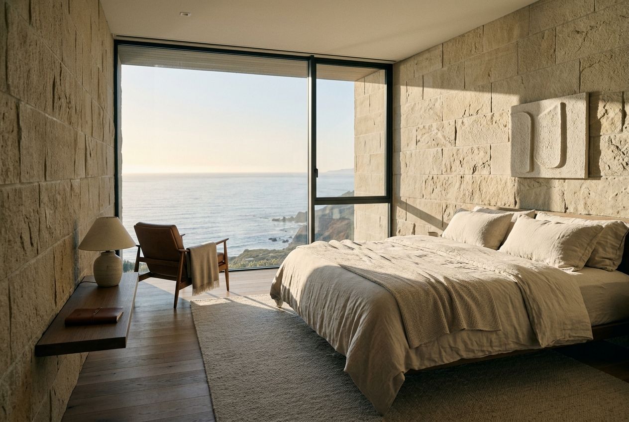 Guest room with sandstone walls facing the ocean