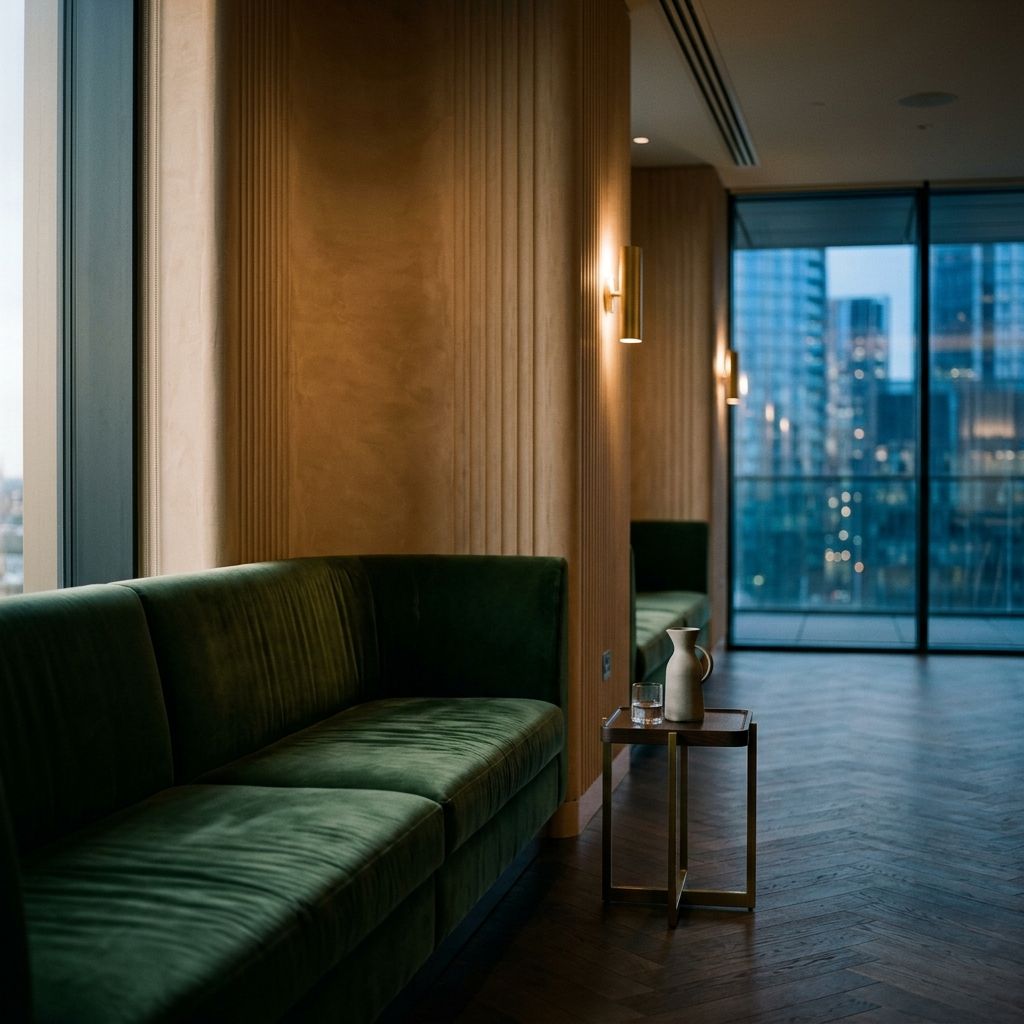 Members' lounge with green banquettes and fluted plaster
