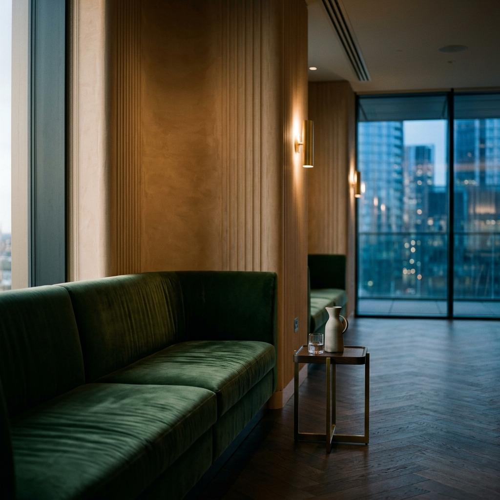 Members' lounge with green banquettes and fluted plaster