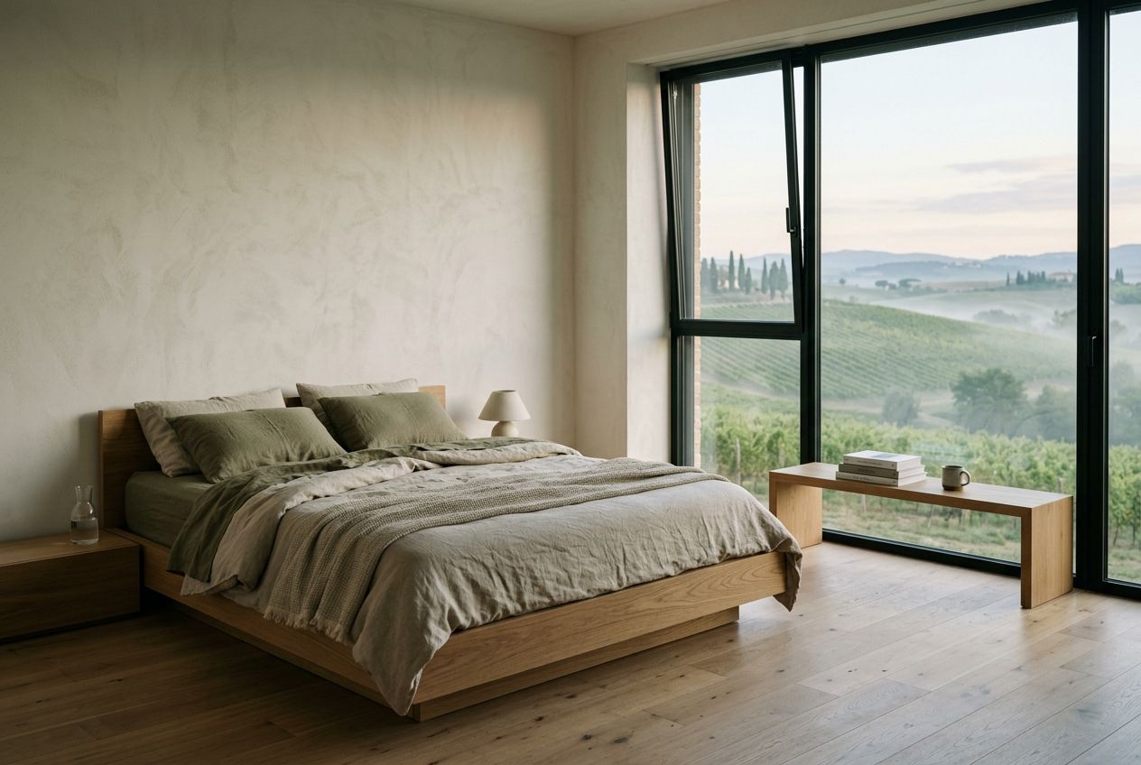 Guest room with a window onto the hills