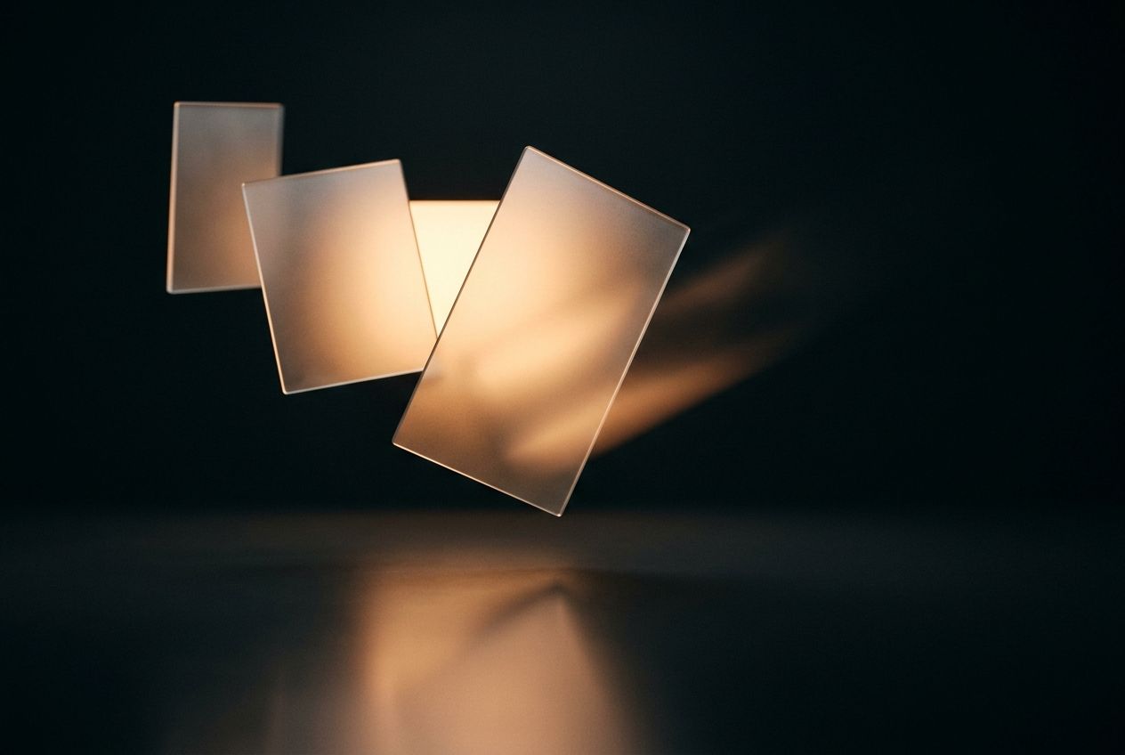 Glass interface panels lit with amber light