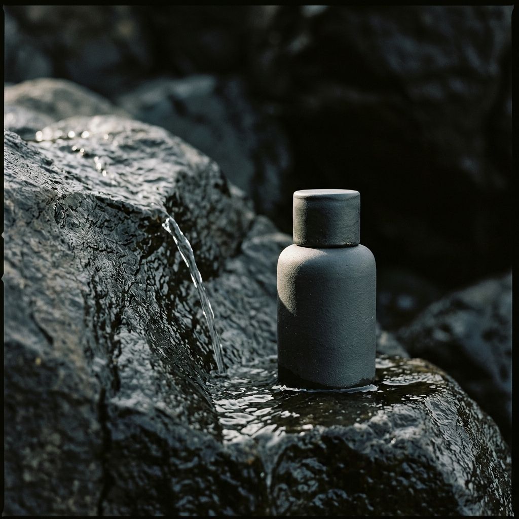 Perfume bottle on wet basalt