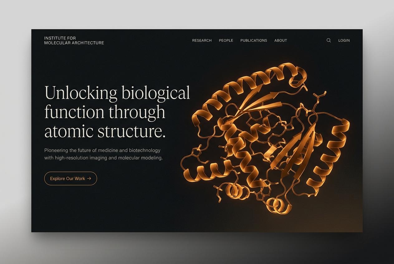 Research site homepage with a protein render