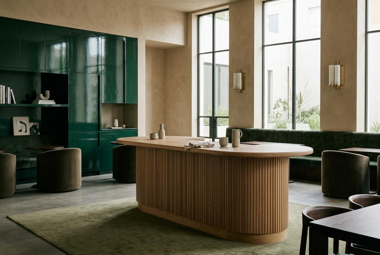 Lounge with green joinery, plaster walls and an oak bar