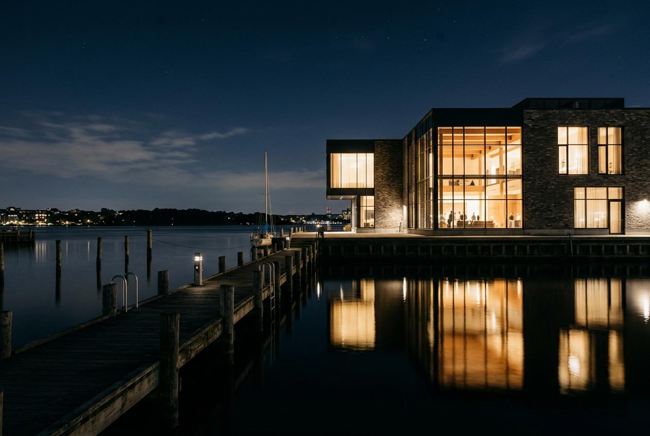 Building reflected in the dock at night