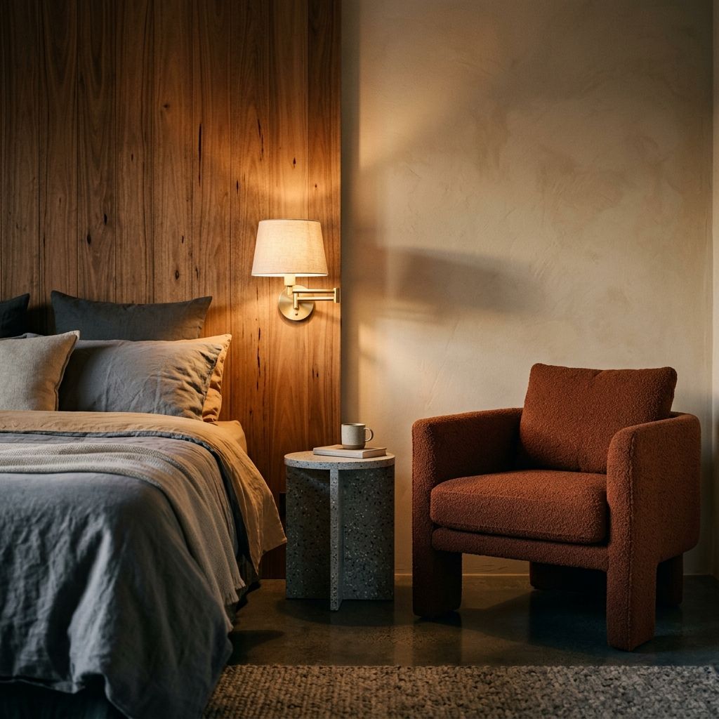 Hotel Ardent guest room in spotted gum and rust boucle