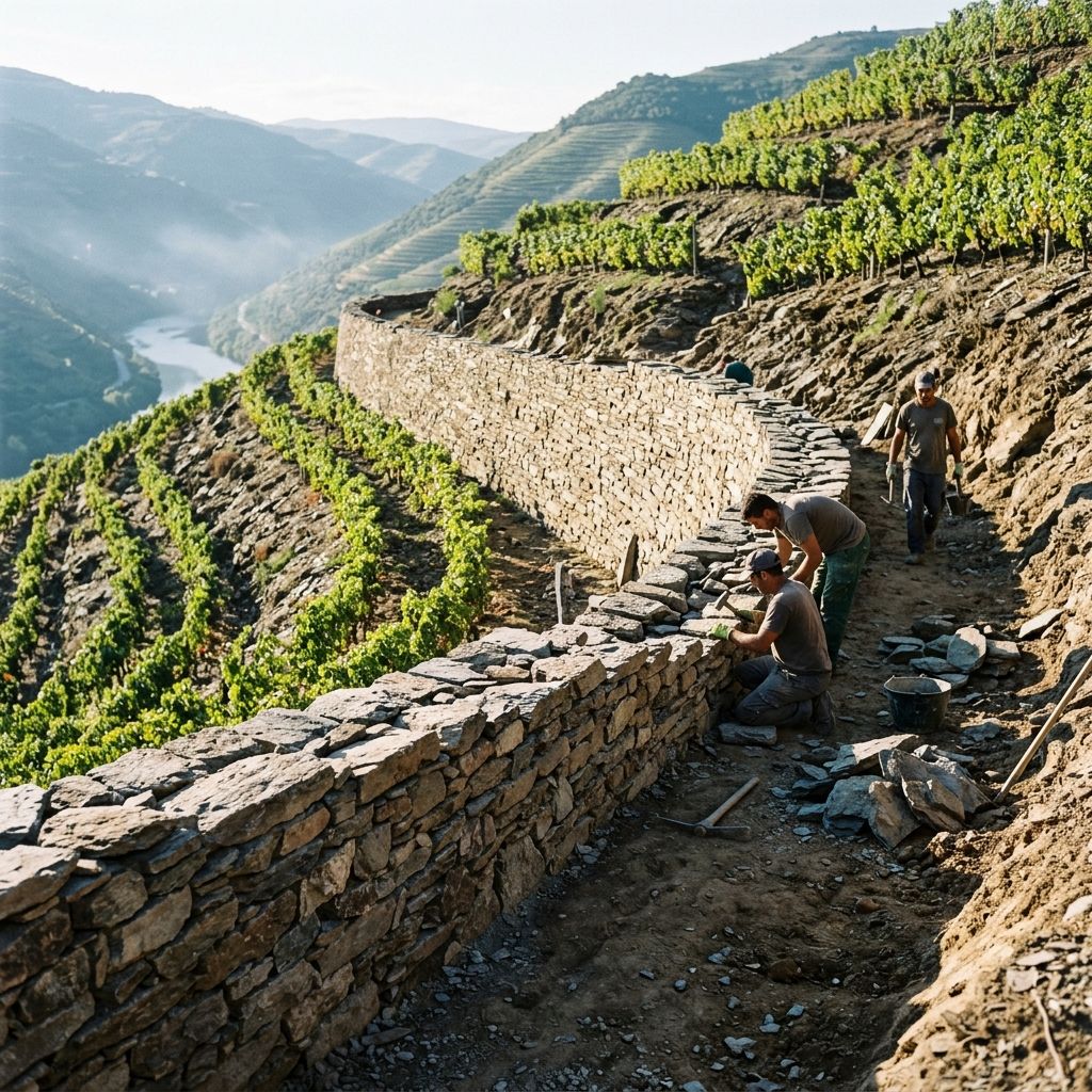 Schist terrace wall cut into the vineyard slope