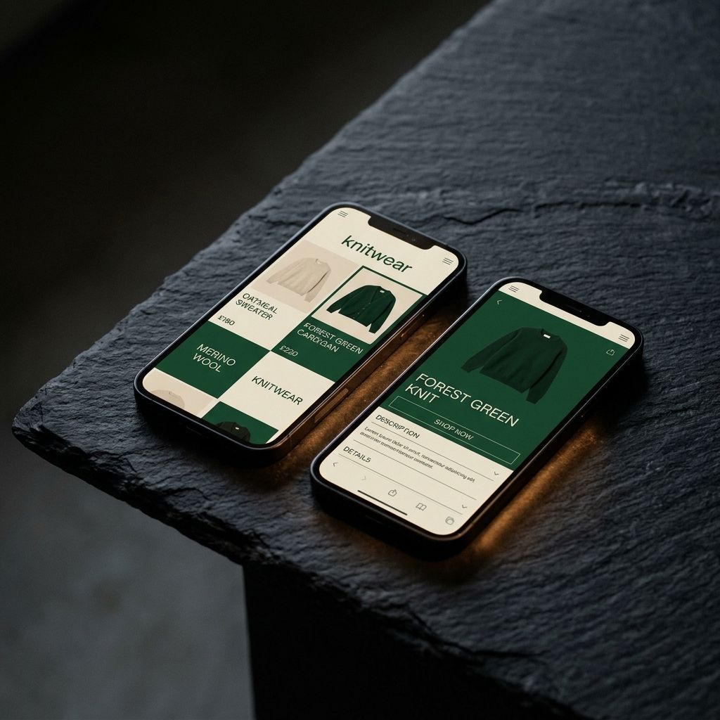 Knitwear storefront on two phones