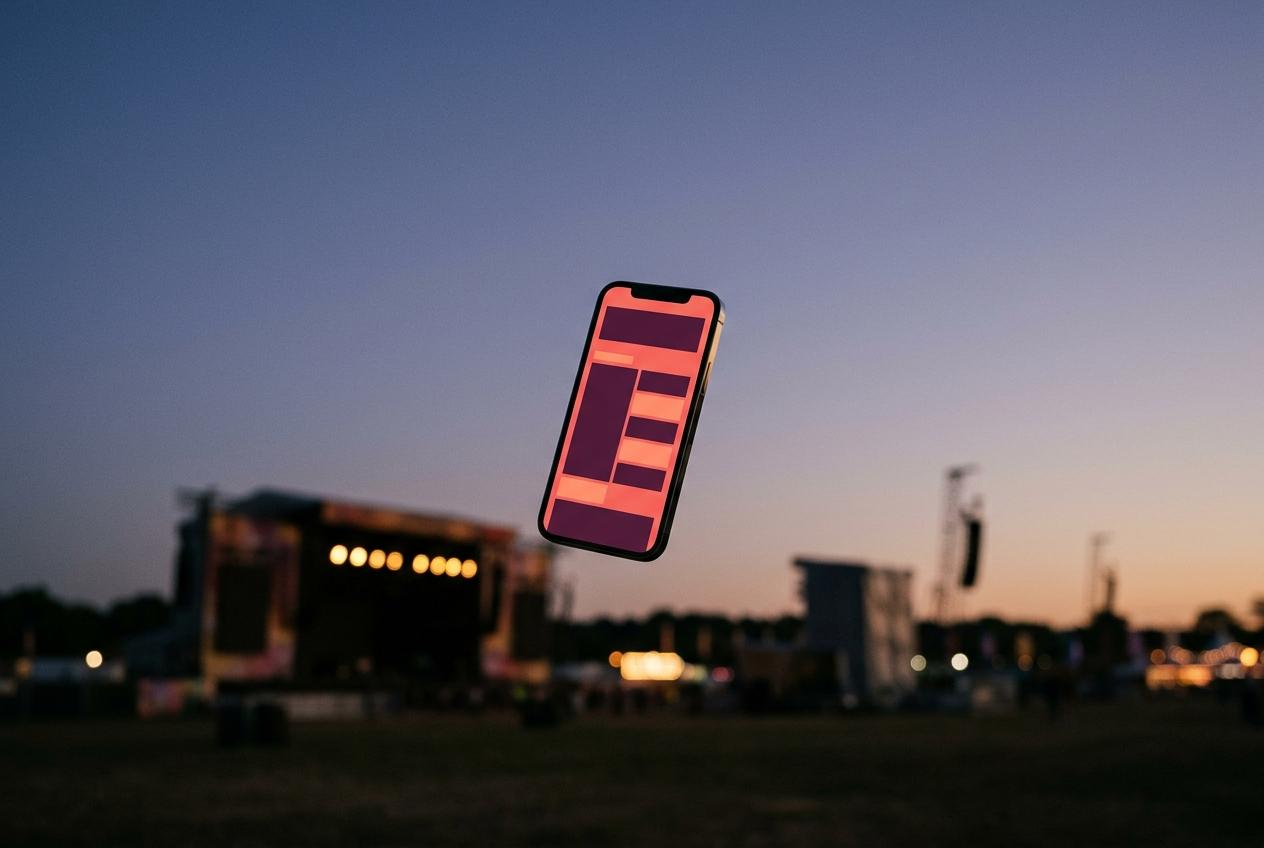 Festival app on a phone at dusk