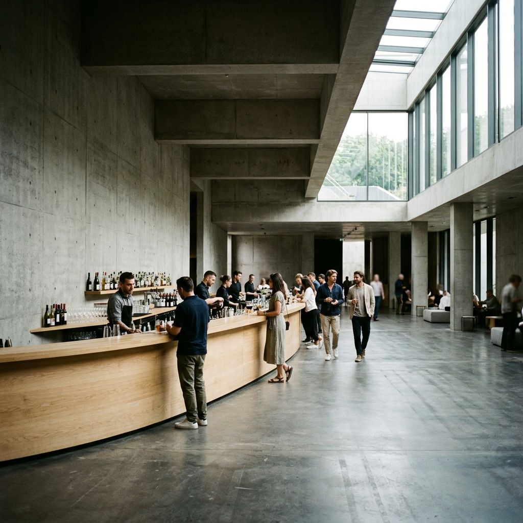 Concrete hall with a long timber bar and visitors