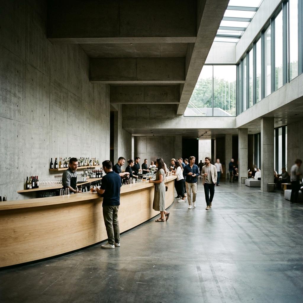 Concrete hall with a long timber bar and visitors