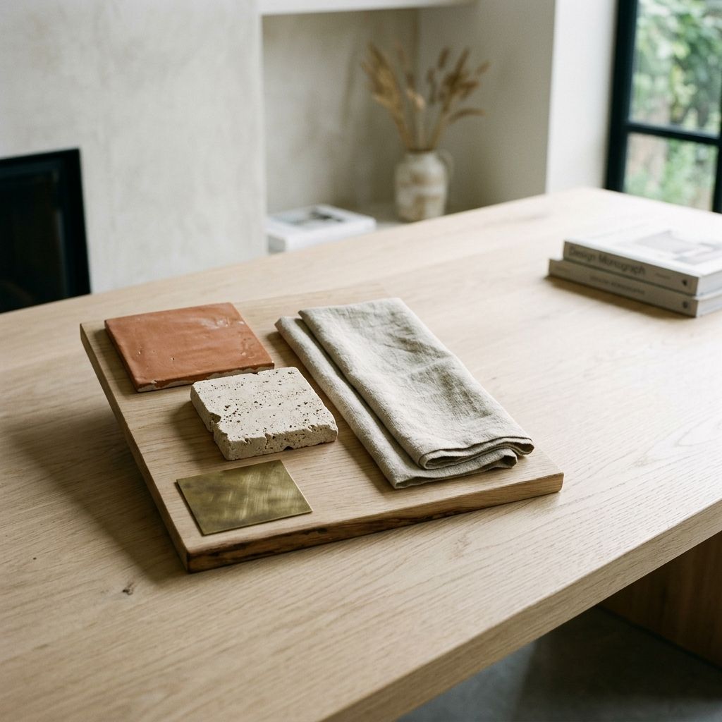 Sample board of terracotta, travertine, brass and linen