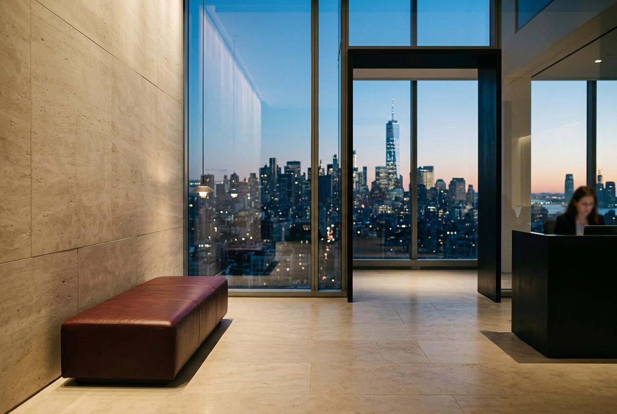 Reception with limestone, oxblood leather and blackened steel at dusk