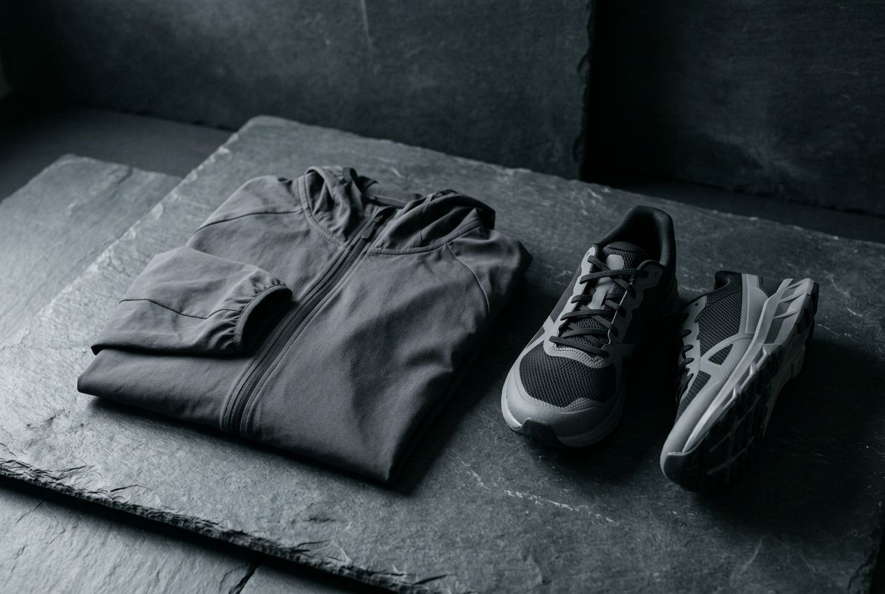 Running jacket and shoes on a studio set