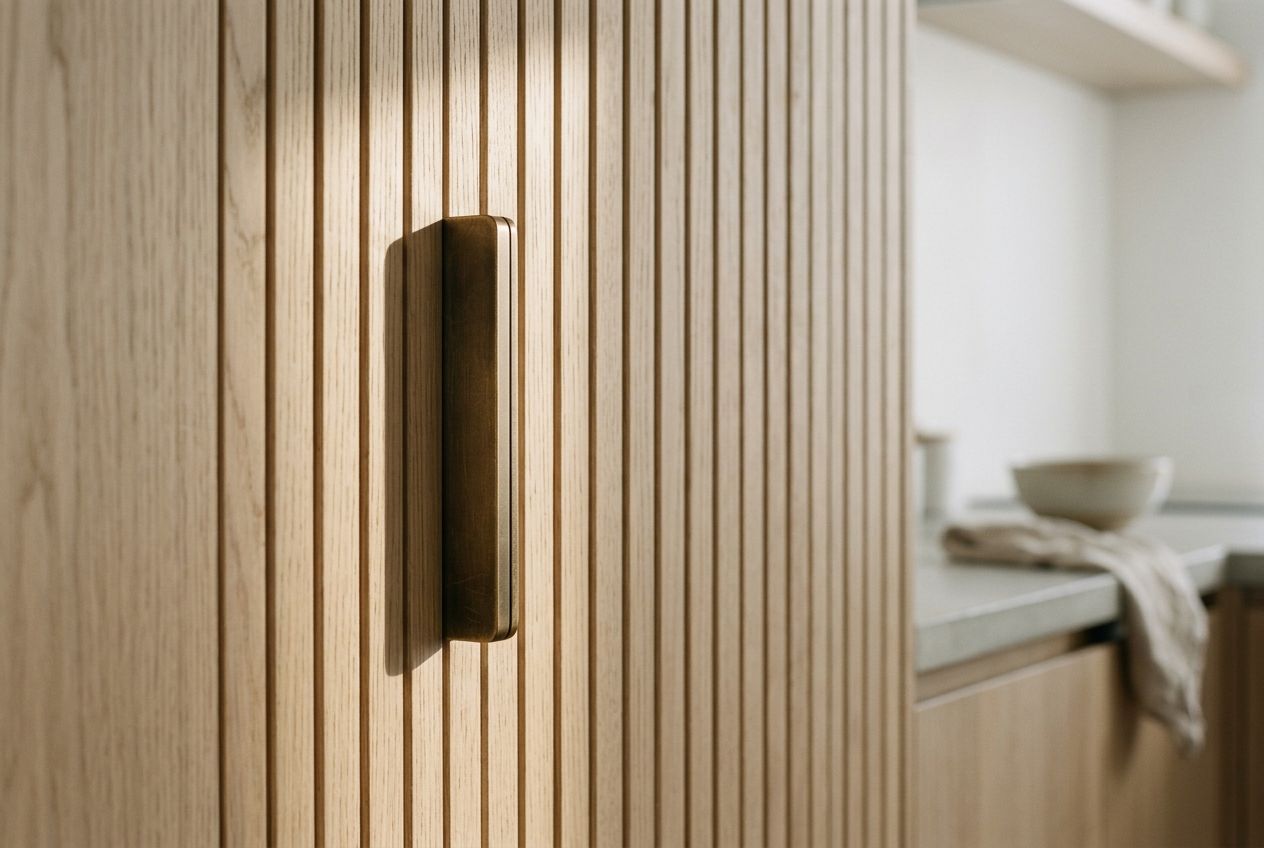 Bronze pull on fluted oak joinery