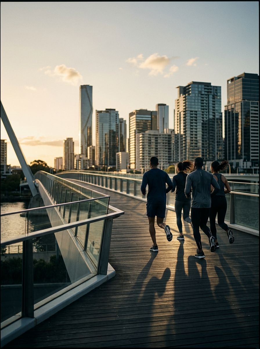 Runners on a bridge at golden hour