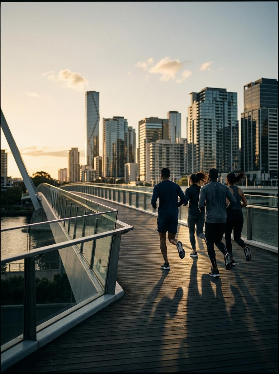Runners on a bridge at golden hour