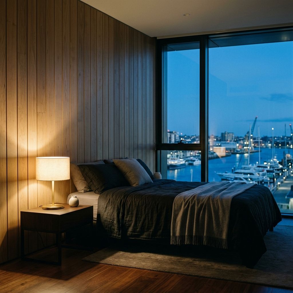 Hotel room onto the docks at blue hour