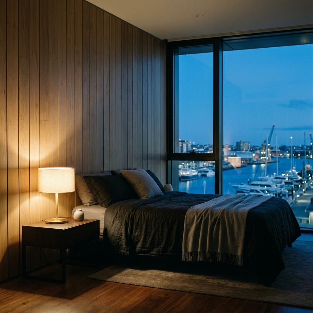 Hotel room onto the docks at blue hour