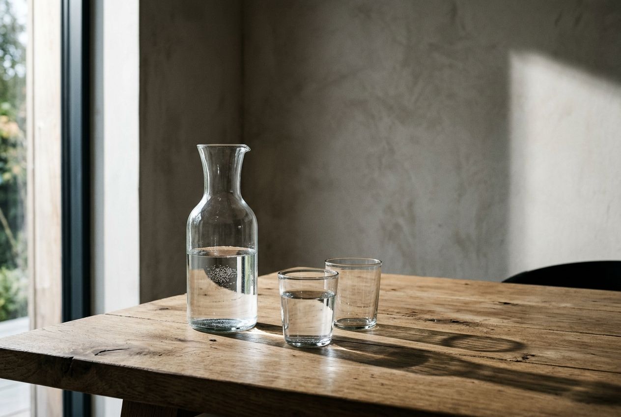 Carafe and tumblers in raking light