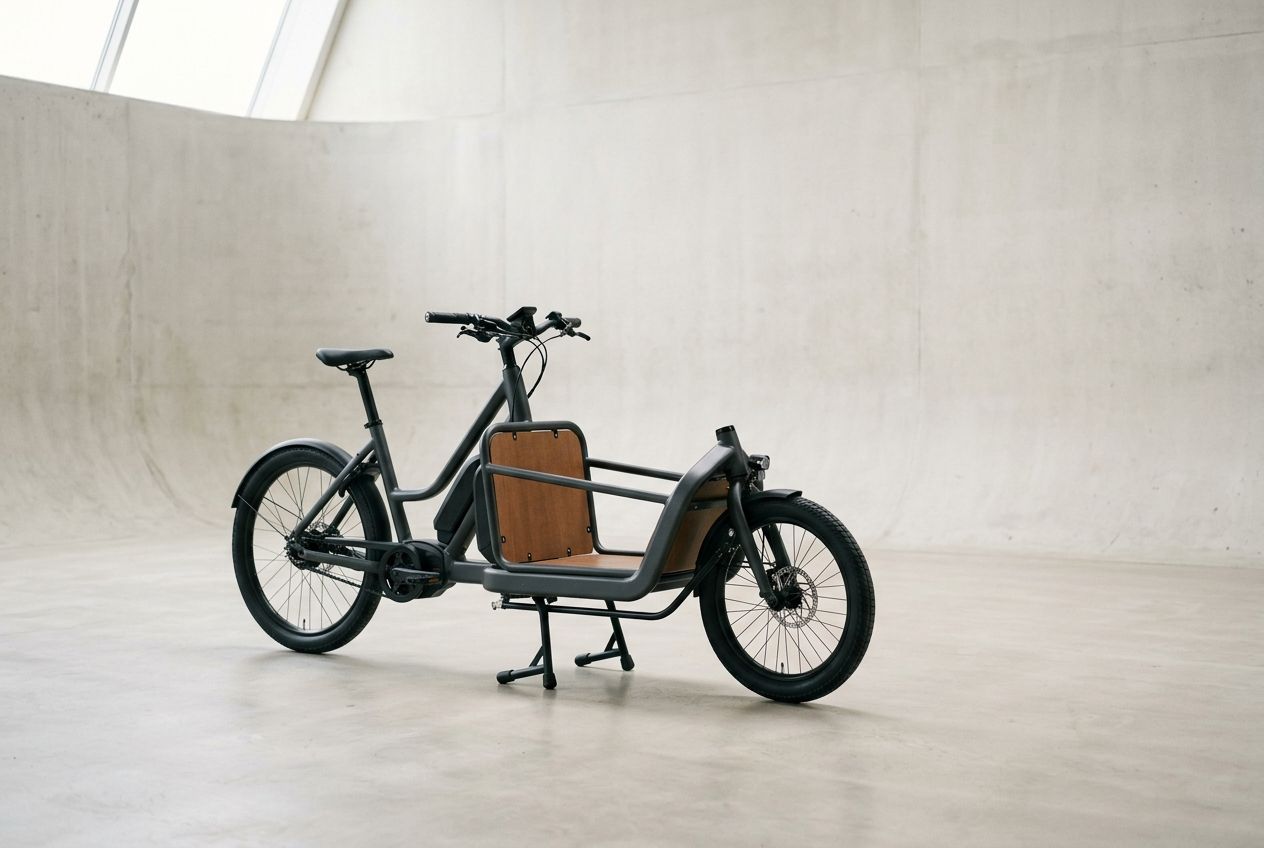 Electric cargo bike on a concrete studio set