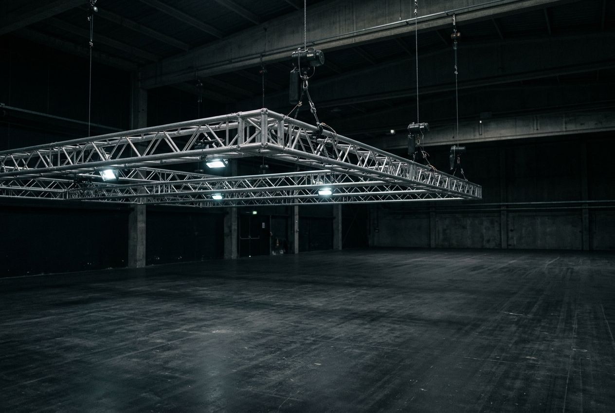 Truss grid above an empty venue floor