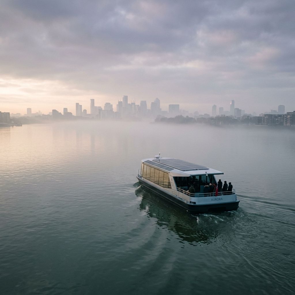 Electric ferry crossing the river at dawn