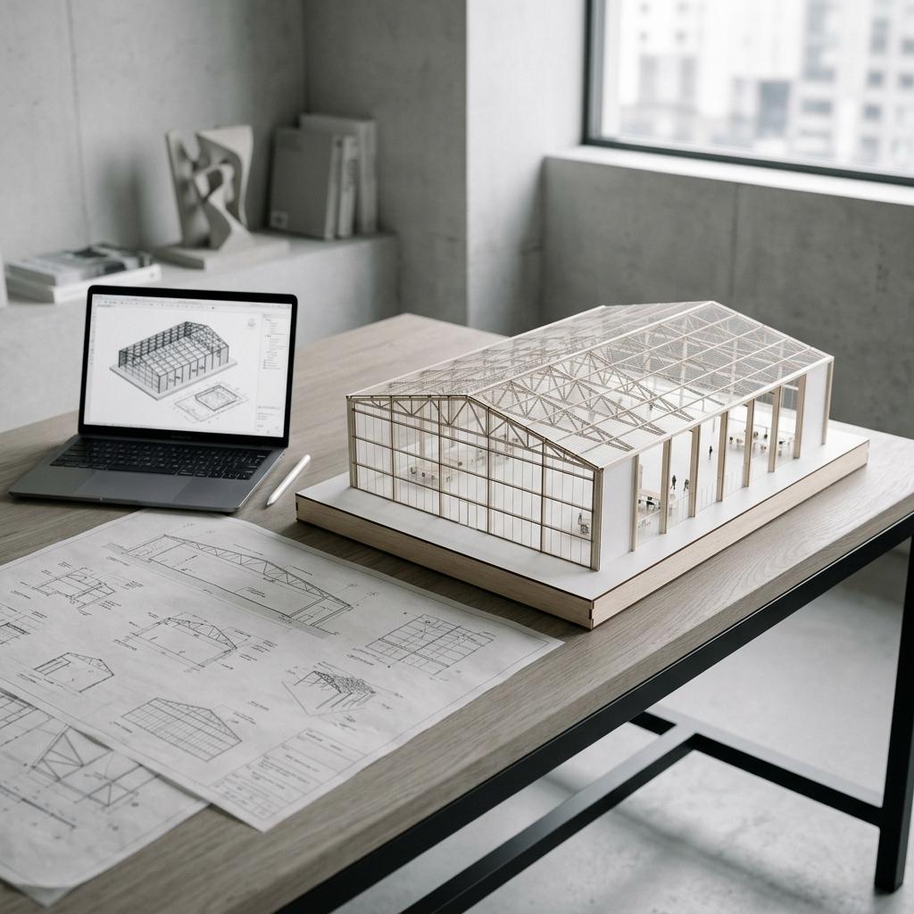 Drawings and a scale model on a studio table