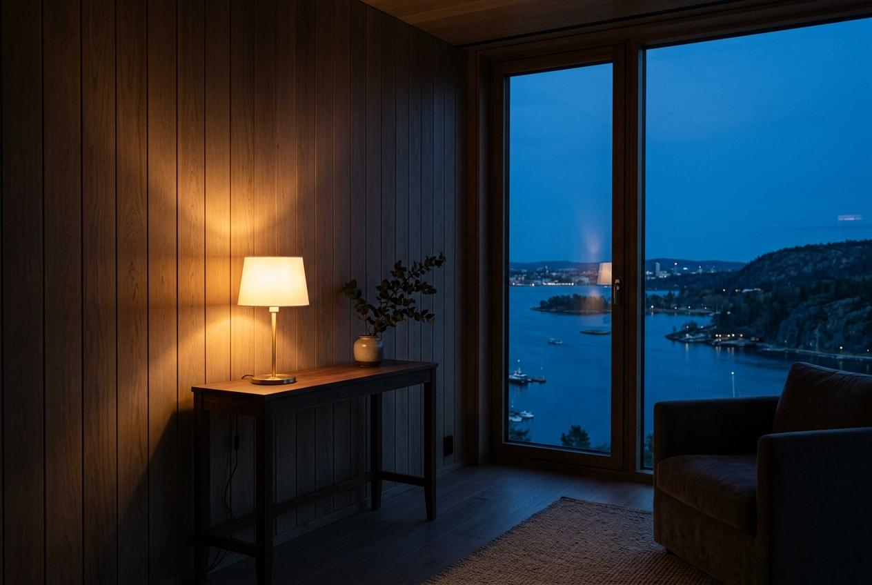 Apartment at blue hour with a table lamp