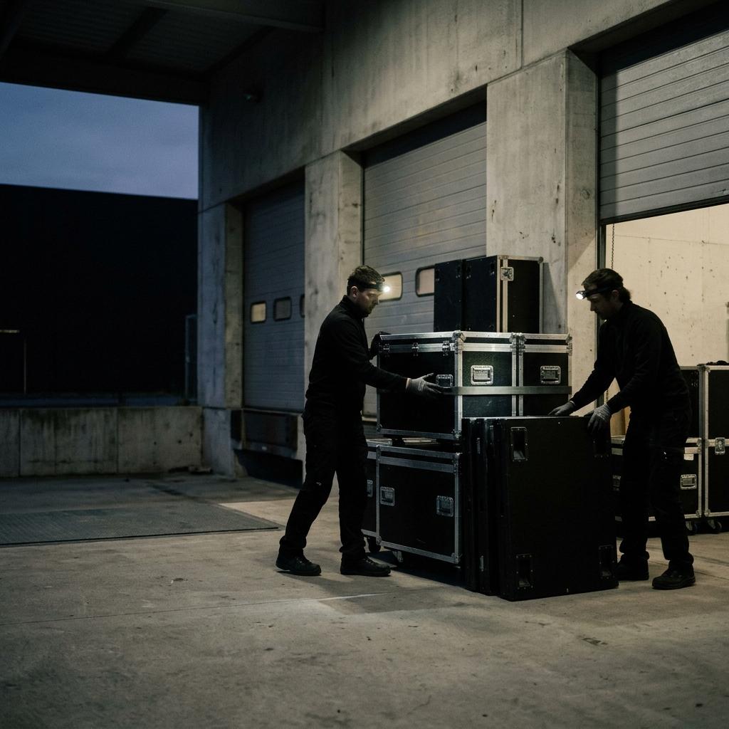 Modular wall panels and flight cases in a loading bay