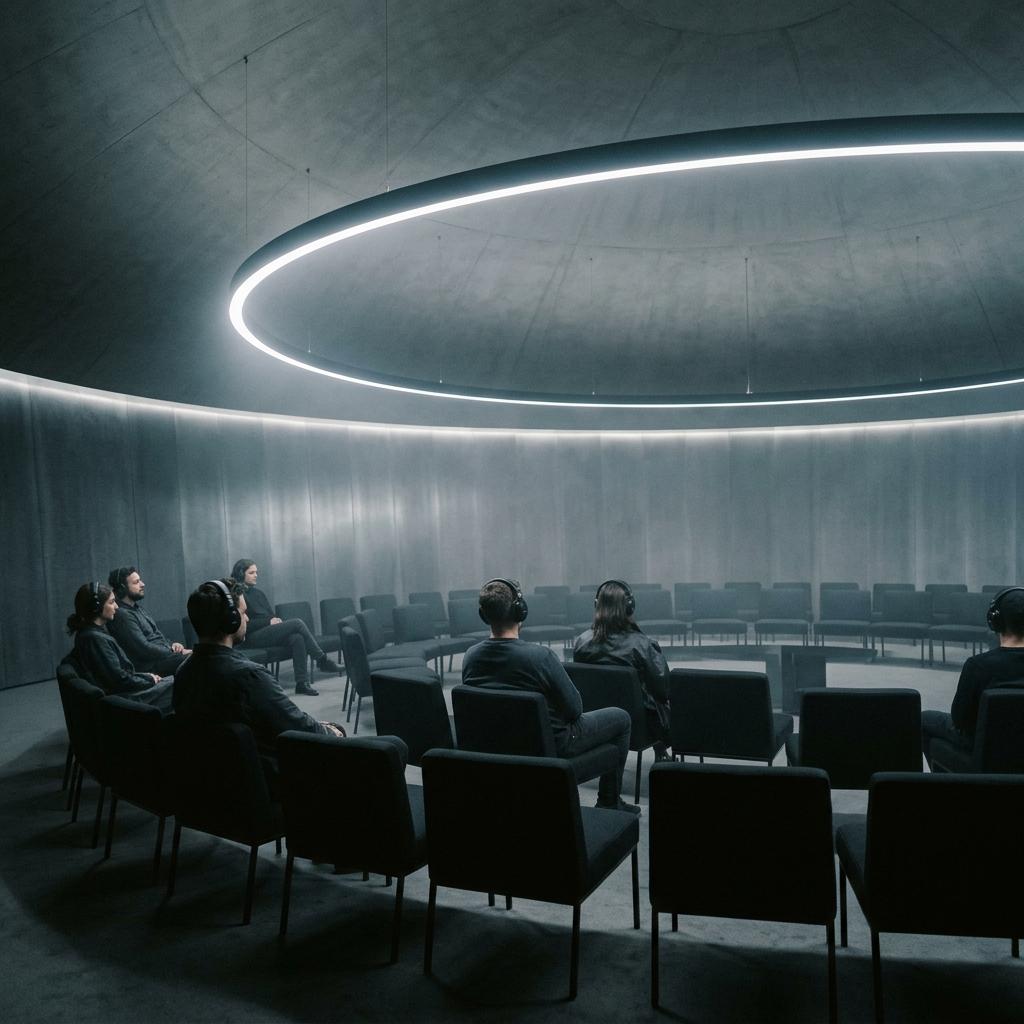 Guests in headphones in a circular listening room