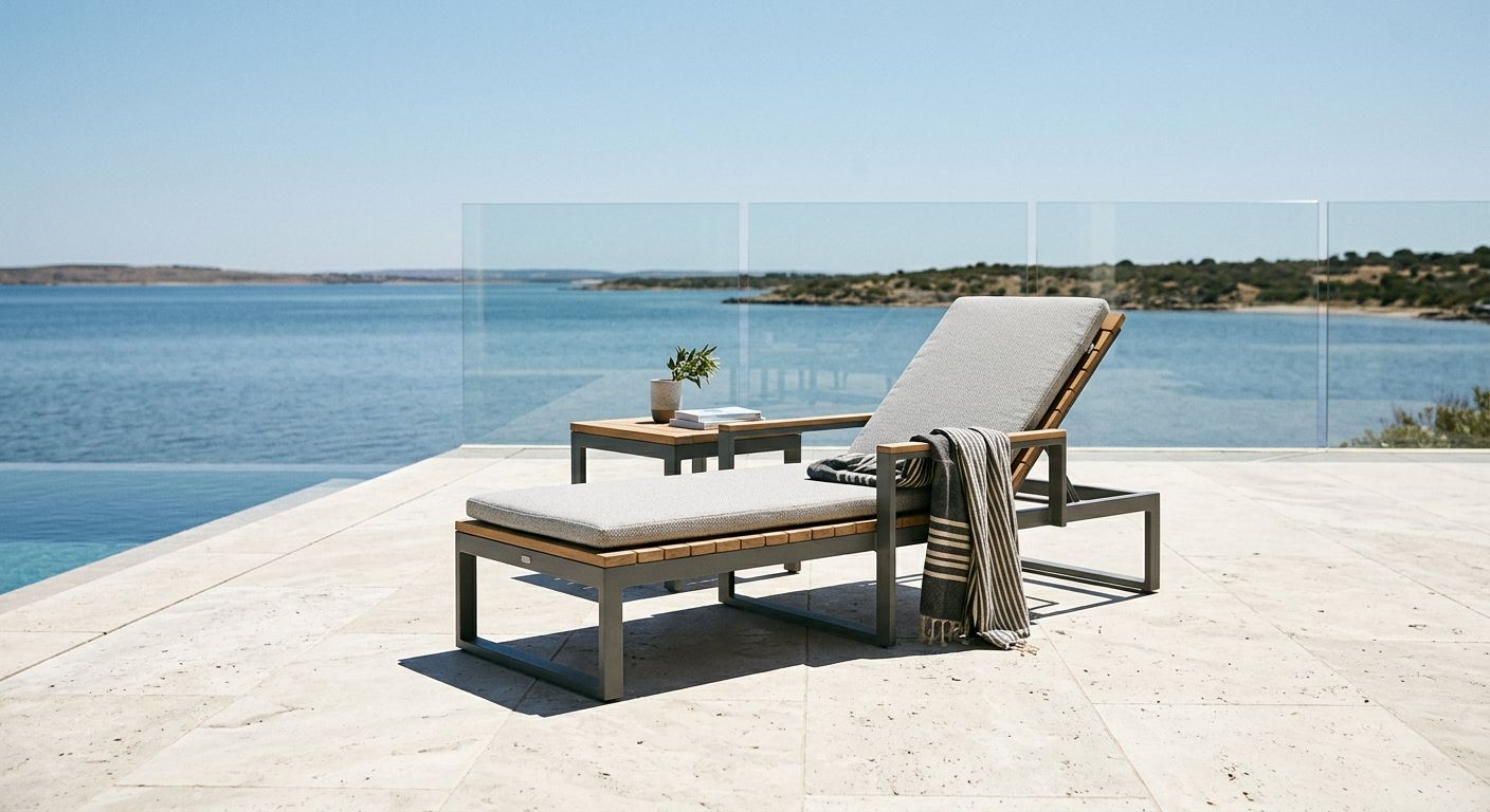 Outdoor lounge chairs on the pool deck