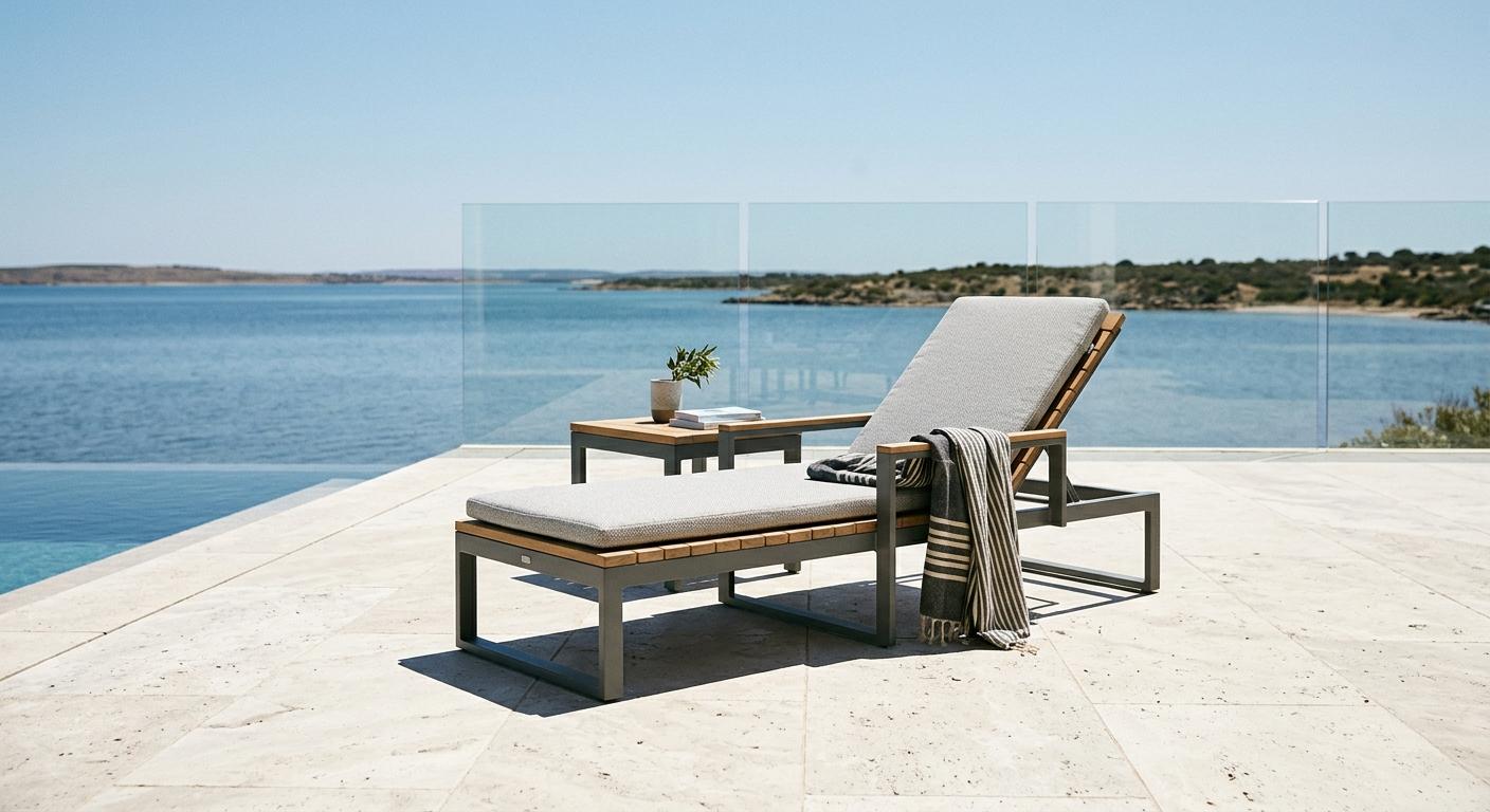 Outdoor lounge chairs on the pool deck