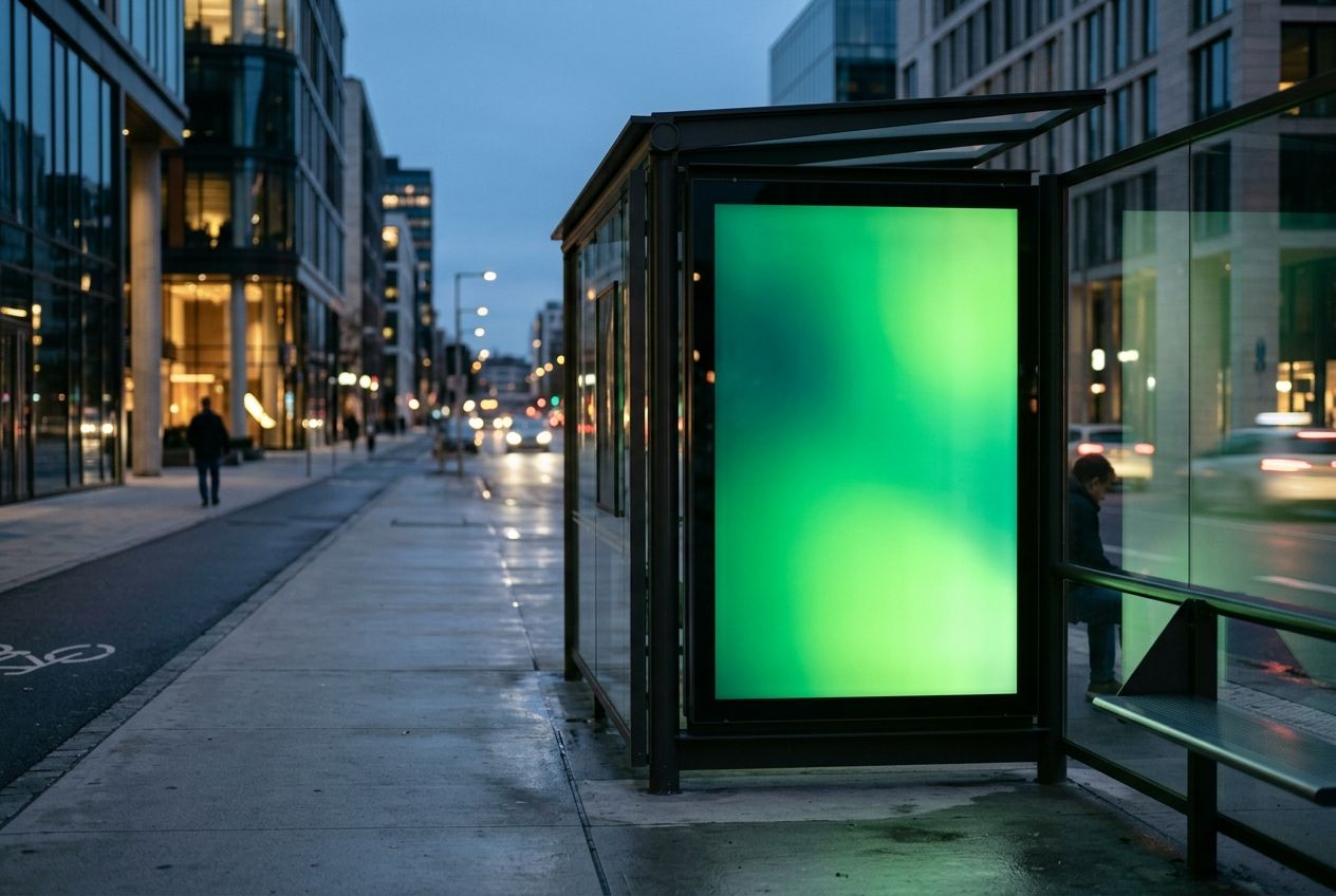 Blank backlit bus-shelter poster at dusk