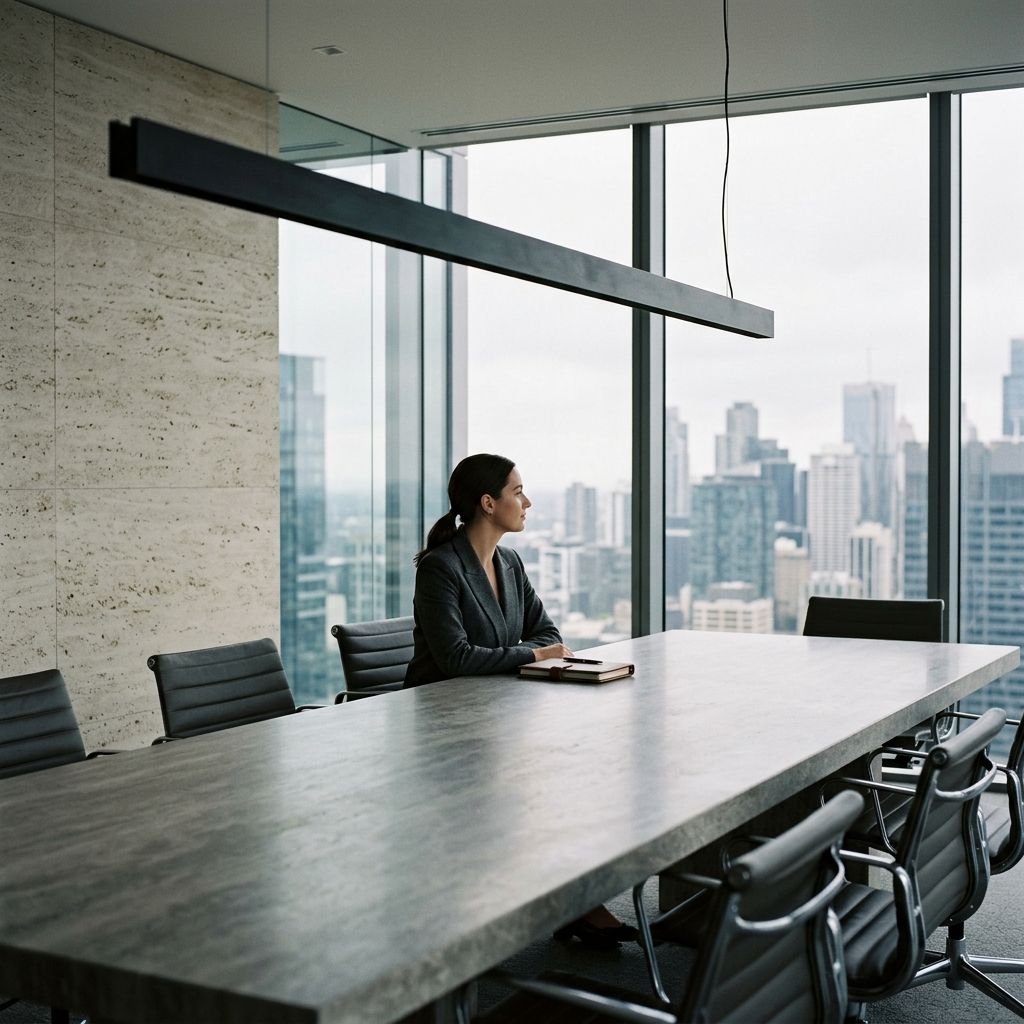 Boardroom with a long stone table and skyline view