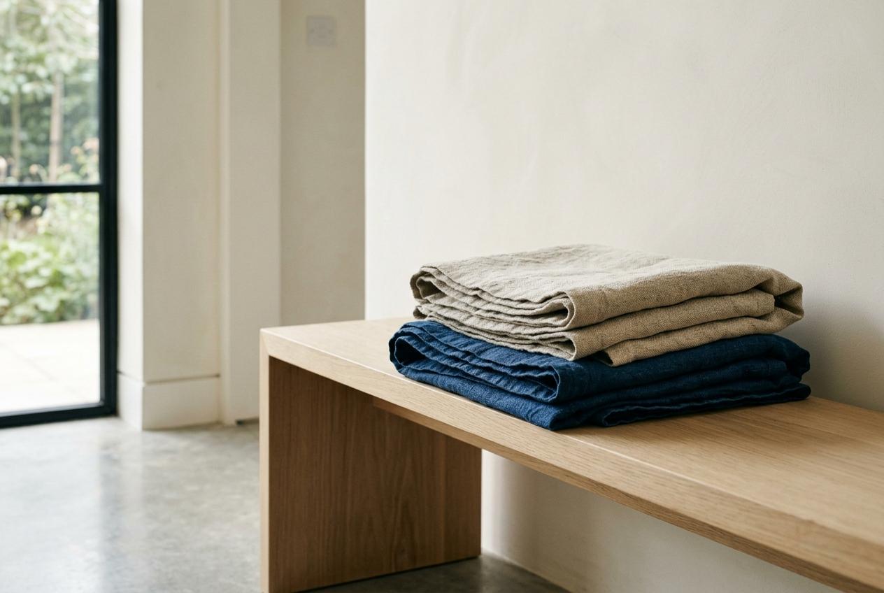 Folded linen on an oak bench